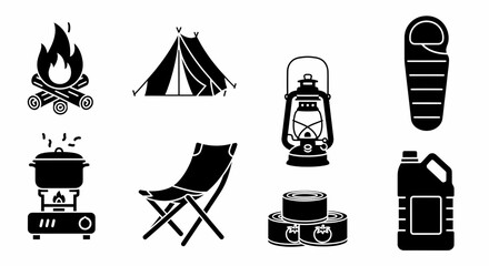 A collection of black and white camping icons, including a campfire, tent, lantern, sleeping bag, cooking pot, chair, canned food, and fuel container.