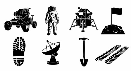 Black and white graphic illustration featuring space exploration elements: rover, astronaut, lunar module, flag, footprint, antenna, shovel, and tire tracks.