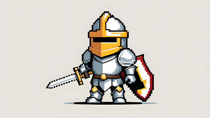 Retro Gaming Icon Full-Body Pixel Art Representation of a Knight Holding a Cross Shield and Longsword