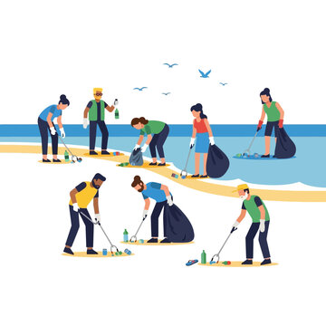 People cleaning up a beach and ocean pollution.
