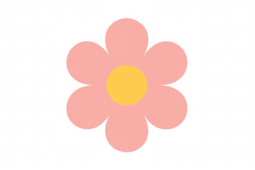 Pink flower illustration in groovy 60s style with yellow center, simple minimal design, transparent background