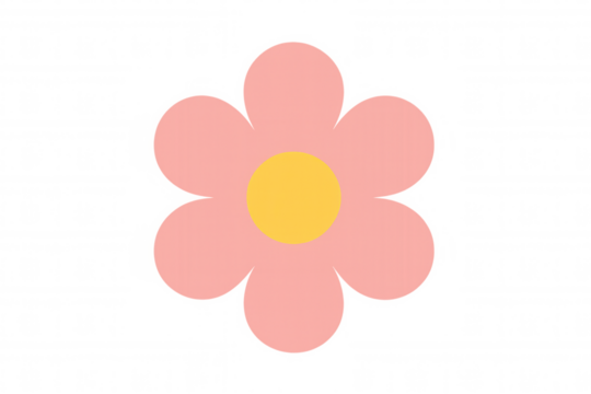 Pink flower illustration in groovy 60s style with yellow center, simple minimal design, transparent background