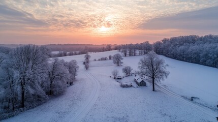 Aerial shot of a snow-covered rural landscape with a setting sun and wispy clouds