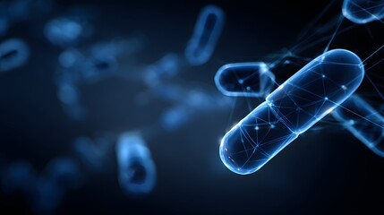 Glowing blue capsules with digital network connections float in darkness.