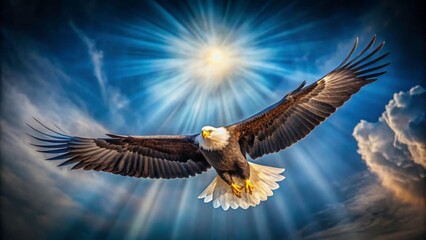 Fototapeta premium A stunning photograph of a majestic eagle soaring overhead in the sky, its wings spread wide, with a subtle gradient of blue and white hues in the background, eagles, ptaki ozdobne