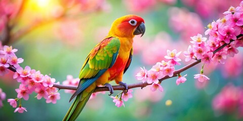 A vibrant parrot sits comfortably on a slender branch in front of a delicate pink flower, its plumage a kaleidoscope of colors against the soft petals , pink, greenery