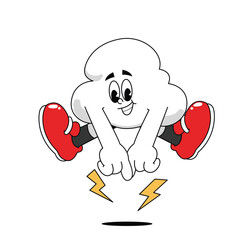 Cartoonish Cloud Character with Red Shoe Jumping and Lightning Mascot