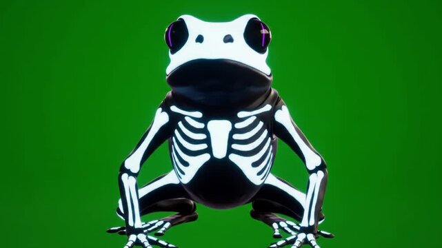 Animated 3D Frog with Skeleton Design on Green Screen: Close-up of a Black and White Frog with Purple Eyes, Halloween-themed, for Social Media and Creative Projects.