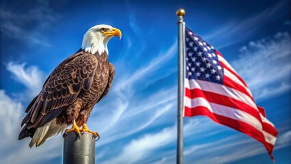 Naklejka premium A majestic eagle perched on top of an American flag pole standing proudly against the blue sky background, Eagle of America, national bird