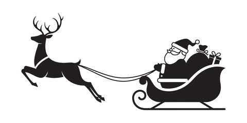 Iconic silhouette of Santa Claus flying in his sleigh pulled by a single reindeer
