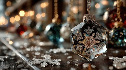 Elegant Christmas ornament with snowflake design and blurred lights background decoration