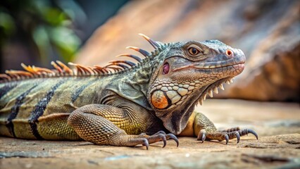 Fototapeta premium A reptilian creature with scales lies on a flat surface of stone, reptile species, fauna, reptile species, fauna