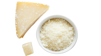 Wedge of parmesan cheese and grated cheese in a bowl isolated on transparent background