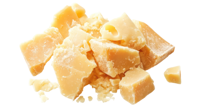 Heap of broken parmesan cheese pieces isolated on transparent background