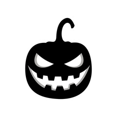 Black silhouette of a scary Halloween jack-o'-lantern with glowing white eyes and a jagged smile on a white background.