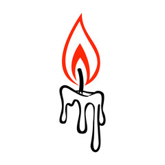 Illustration of a candle with a red flame, black wax dripping down, and a simple design.