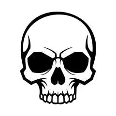 A stylized black and white graphic illustration of a human skull with a menacing expression, isolated on a white background.