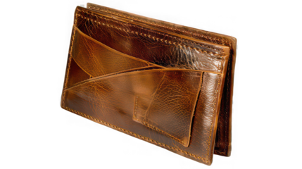 A close up shot of a brown leather wallet with visible stitching and card holder pockets on display