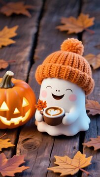 A cute little white ghost wearing a woolen hat is drinking coffee during Halloween.