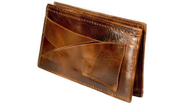 A close up shot of a brown leather wallet with visible stitching and card holder pockets on display