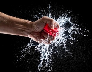 Hand crushing a red water-filled object, creating a water explosion
