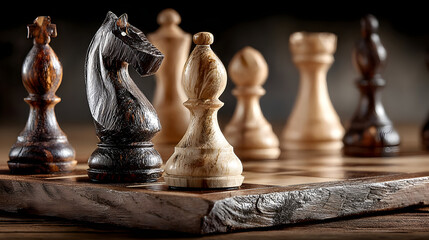 Chess pieces arranged strategically on a wooden board, highlighted by warm directional lighting