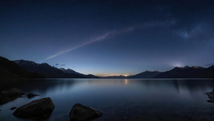 A tranquil nightscape features a calm lake reflecting the starry sky & distant mountains