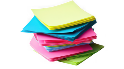 A colorful stack of sticky notes in yellow blue pink and green on a black isolated background