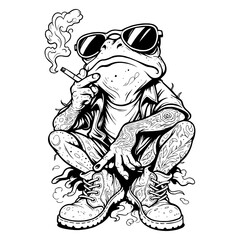Black and white vector illustration of cool tattooed frogs in streetwear smoking, urban animal clipart for cutting and design.