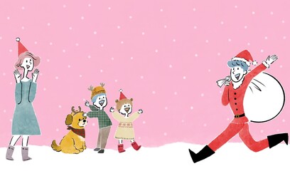 サンタクロースの衣装を着た男性と喜ぶ家族たちのクリスマスイメージイラスト