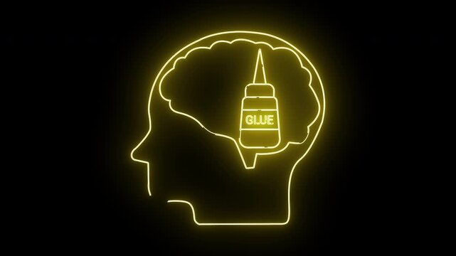 A glowing neon silhouette of a head with a brain containing a glue bottle