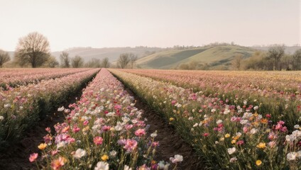 Obraz premium A vast field of colorful flowers stretches toward distant hills under a soft, hazy sky