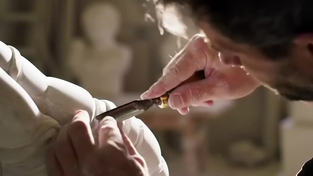 Artist carving sculpture with chisel.