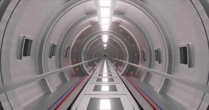 A brightly lit, clean white and gray metallic futuristic tunnel with subtle red and blue wiring on the floor.
