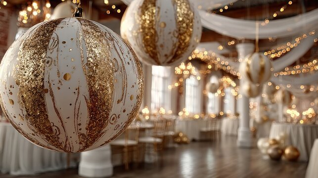 Elegant Christmas decorations with golden ornaments in a festive and illuminated ballroom