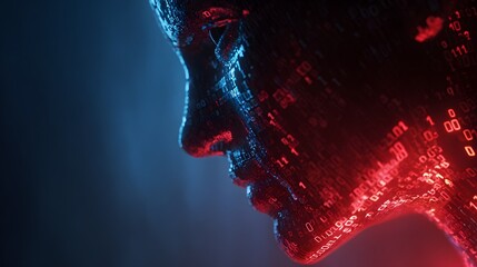 Digital face profile illuminated with red and blue binary code.