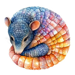 Obraz premium A beautifully illustrated armadillo curled up in a colorful, detailed pattern, showcasing artistic talent.