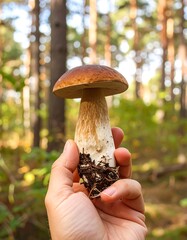Hand holding a large mushroom in a forest