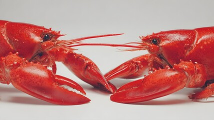 Two bright red cooked lobsters face each other against a white background.