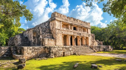 Ancient stone building with columns, steps, lush trees, and vibrant blue sky