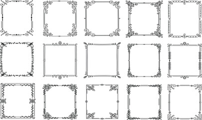 Set of elegant hand-drawn square border frames with classic swirl and floral details. Vintage decorative vector illustration and ornamental  collection