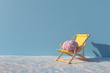 Vibrant human brain rests on yellow beach chair against blue background, evoking sense of relaxation and contemplation