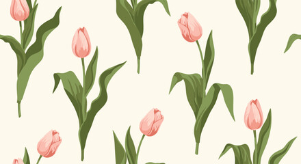 A gentle pattern of delicate pink tulips with vibrant green leaves on a creamy background.