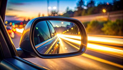 Sunset Journey: A car side mirror captures the essence of a dynamic drive into the sunset. The reflections paint a vibrant picture of the road ahead, as light trails streak across the frame.