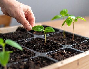 Hand planting seedling in tray