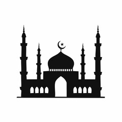Simple black silhouette of an Islamic mosque with a central dome crescent moon and four minarets.