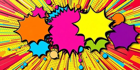 Vibrant comic book backdrop; exploding colorful speech bubbles on a dynamic background, illustration, artwork