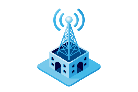 Wireless communications tower broadcasting signal in isometric view
