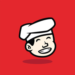 Cartoon face of an angry boy wearing a white chef hat with a furious expression. Bold vector mascot design on red background. Perfect for restaurant logo or character branding