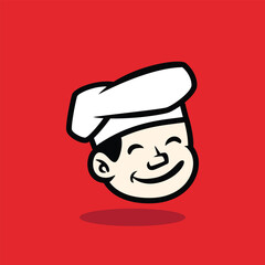 Cartoon face of an angry boy wearing a white chef hat with a furious expression. Bold vector mascot design on red background. Perfect for restaurant logo or character branding